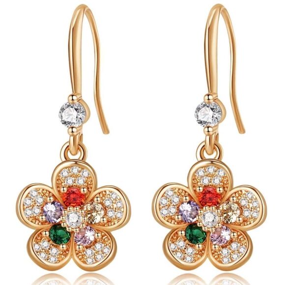 14K Yellow Gold with Multicolor and Diamond Austrian Crystal Flower Earrings